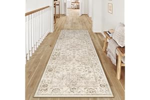 WondRg 2x6 Washable Neutral Runner Rug Beige Vintage Hallway Kitchen Carpet Non-Slip Soft Low Pile Floral Throw Rug for Bedroom Bathroom Laundry Living Room