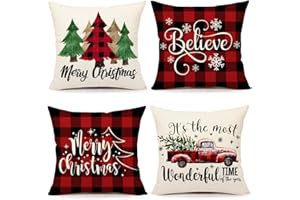 4TH Emotion Buffalo Check Christmas Pillow Covers 18x18 Set of 4 Red Black Farmhouse Christmas Decorations Winter Holiday Decor Throw Cushion Case for Home Couch S22C38