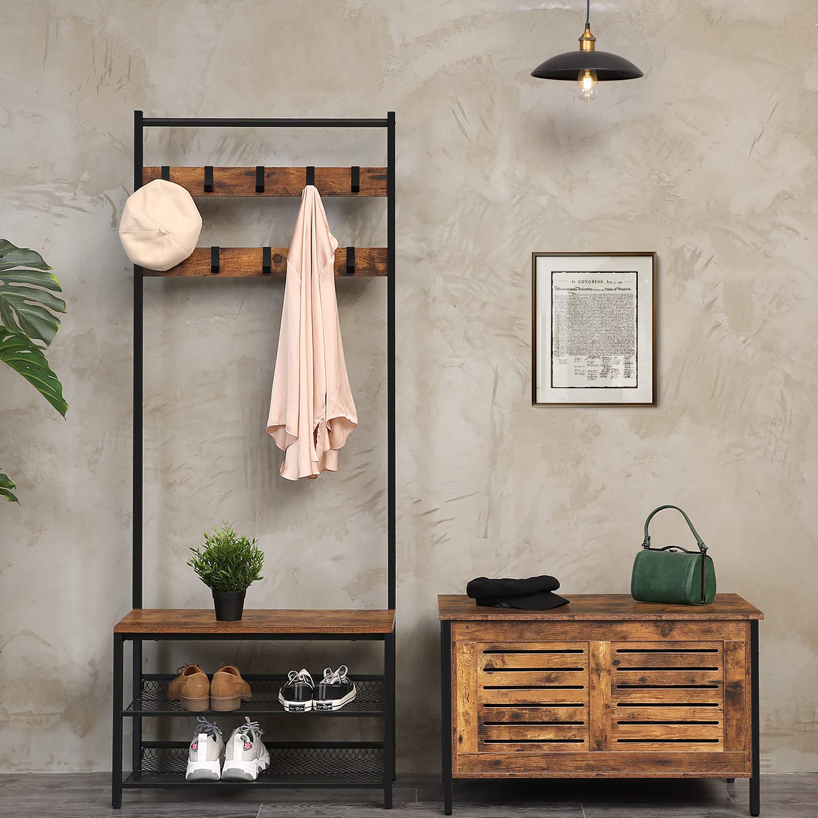 HOOBRO Storage Chest, Lift Top Toy Box Organizer with Safety Hinge, Sturdy Entryway Storage Bench, Wood Look Accent Furniture with Metal Frame, Louvered Door, Rustic Brown BF85CW01