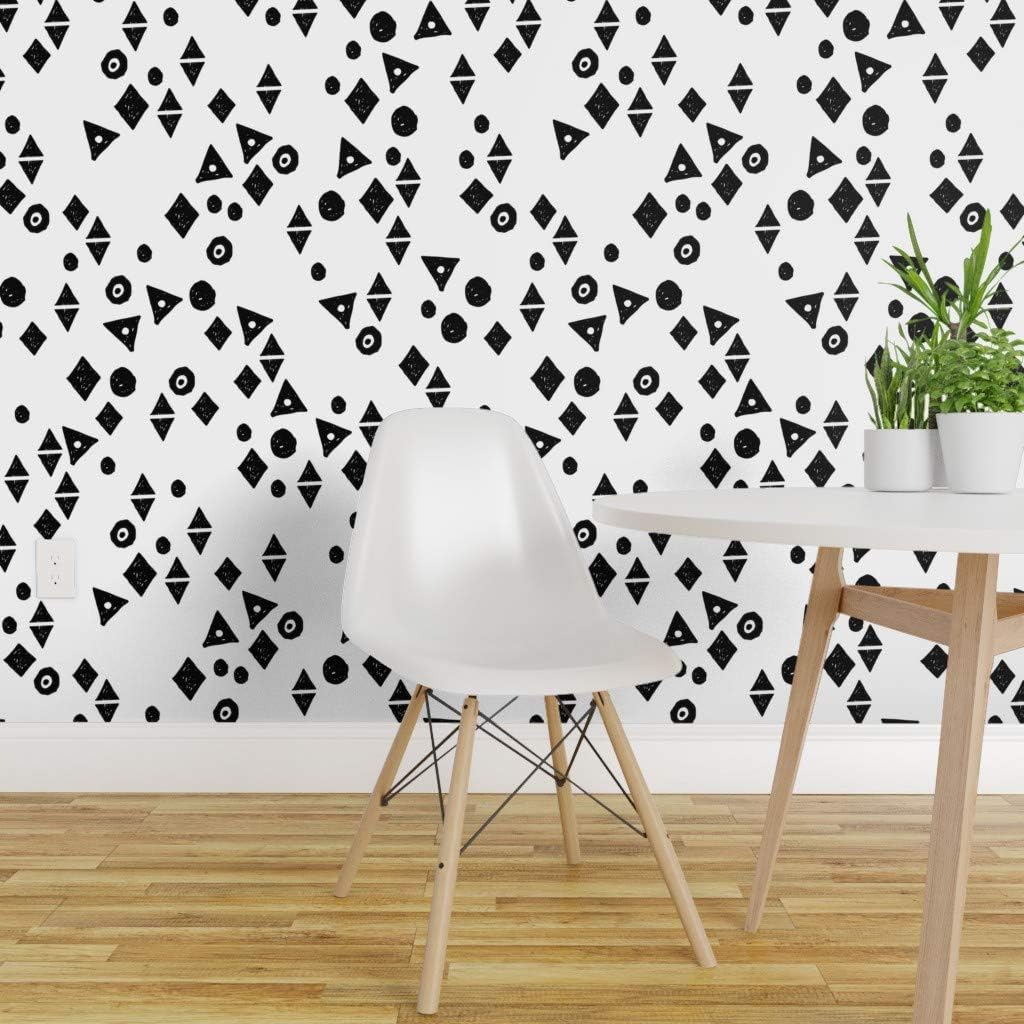 Spoonflower Non-Pasted Wallpaper, Tri Black and White Minimal Mod Shapes Kids Monochrome Print, Swatch 12in x 24in