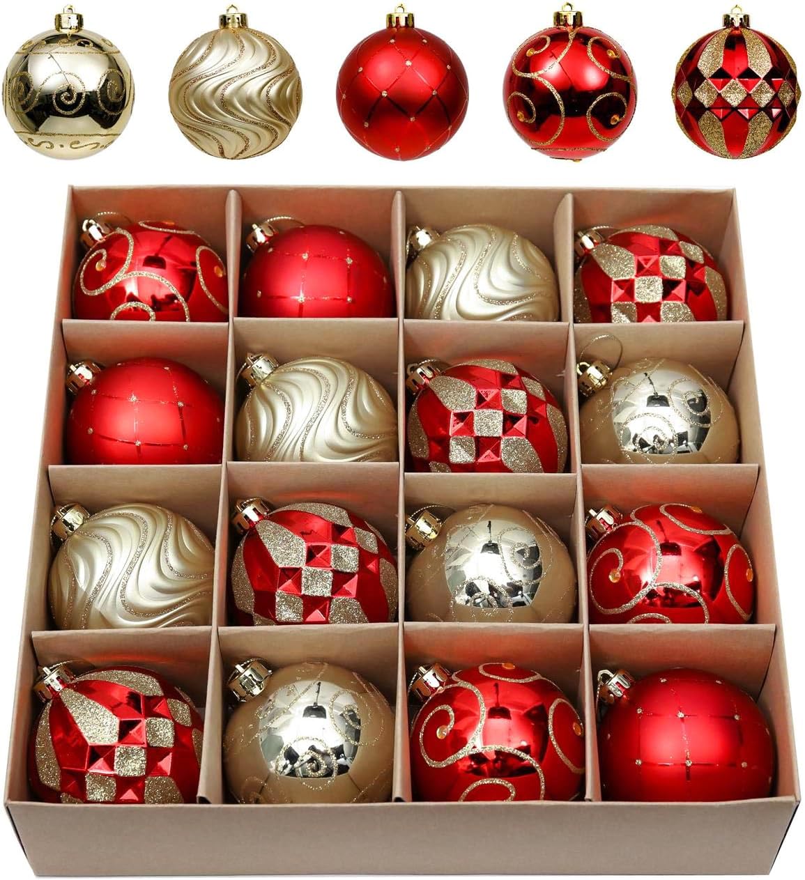 Valery Madelyn Scandinavian Christmas Ball Ornaments, Luxurious, 3.1 inches (8 cm), Set of 16, Balls, Christmas Tree, Decoration, Stylish, Gorgeous, Red, Gold, Red Gold