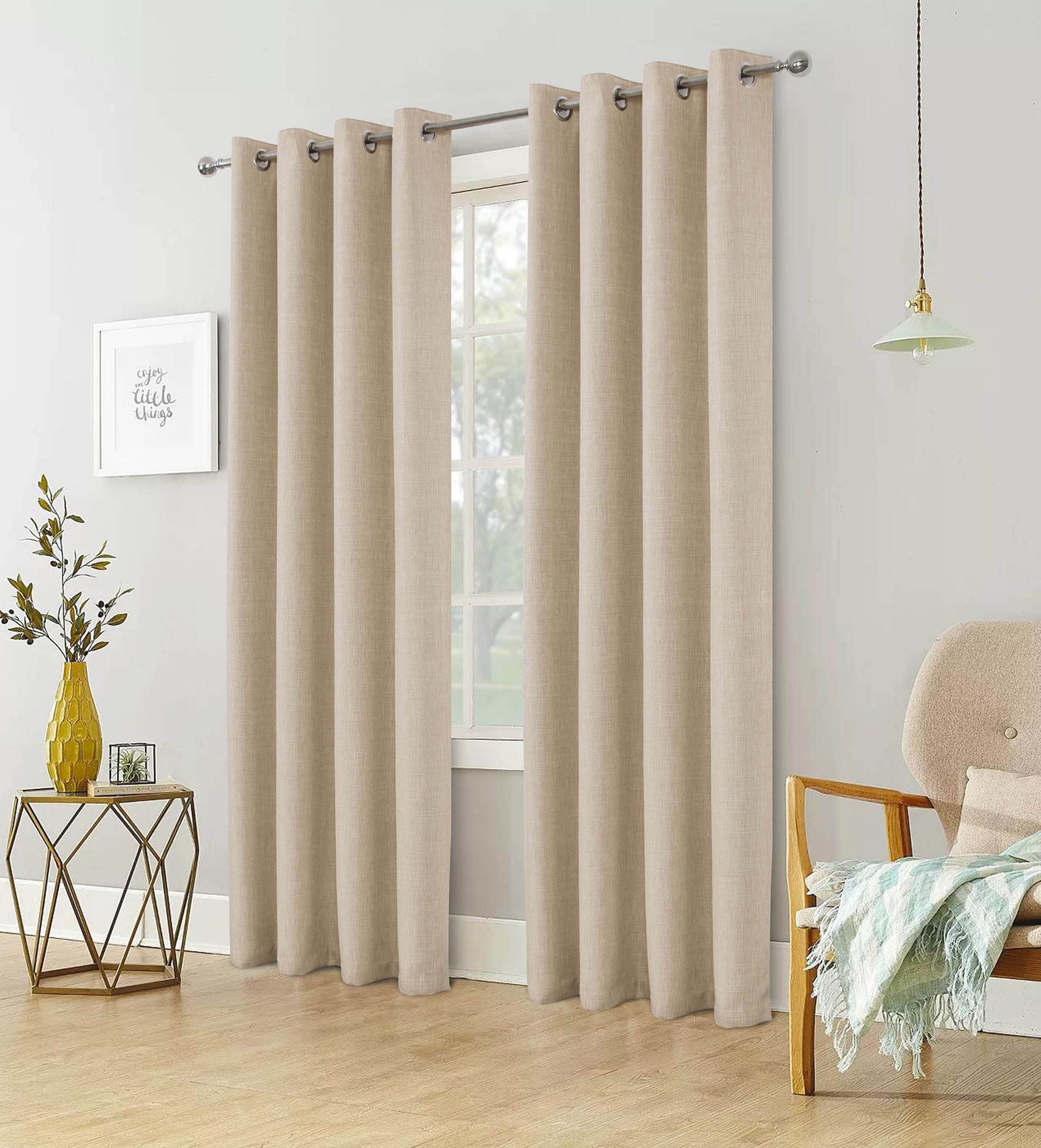 always4u Linen Look 100% Blackout Eyelet Curtains Thermal Energe Saving for Bedroom 1 Pair Noise Reducing Solid Modern Window Treatment for Home Decoration Beige W46*L54
