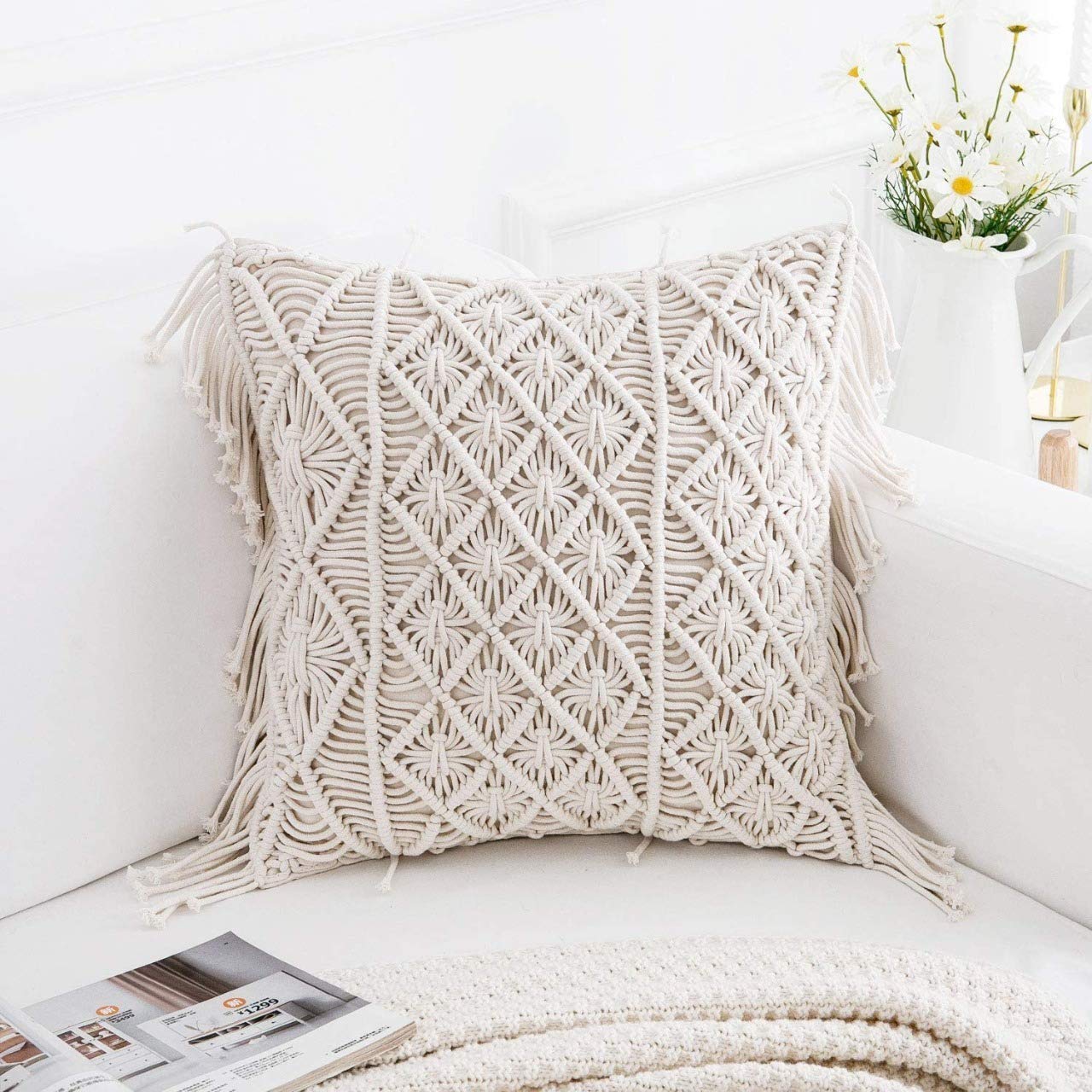 Party Stuff Knitted Pillow Cover Cotton 50 TC Macrame Hand-Woven Bohemian Cushion Cover Living Room Decorative Throw Pillow Cover (20X20 Inch, Off-White, Pack Of 1)