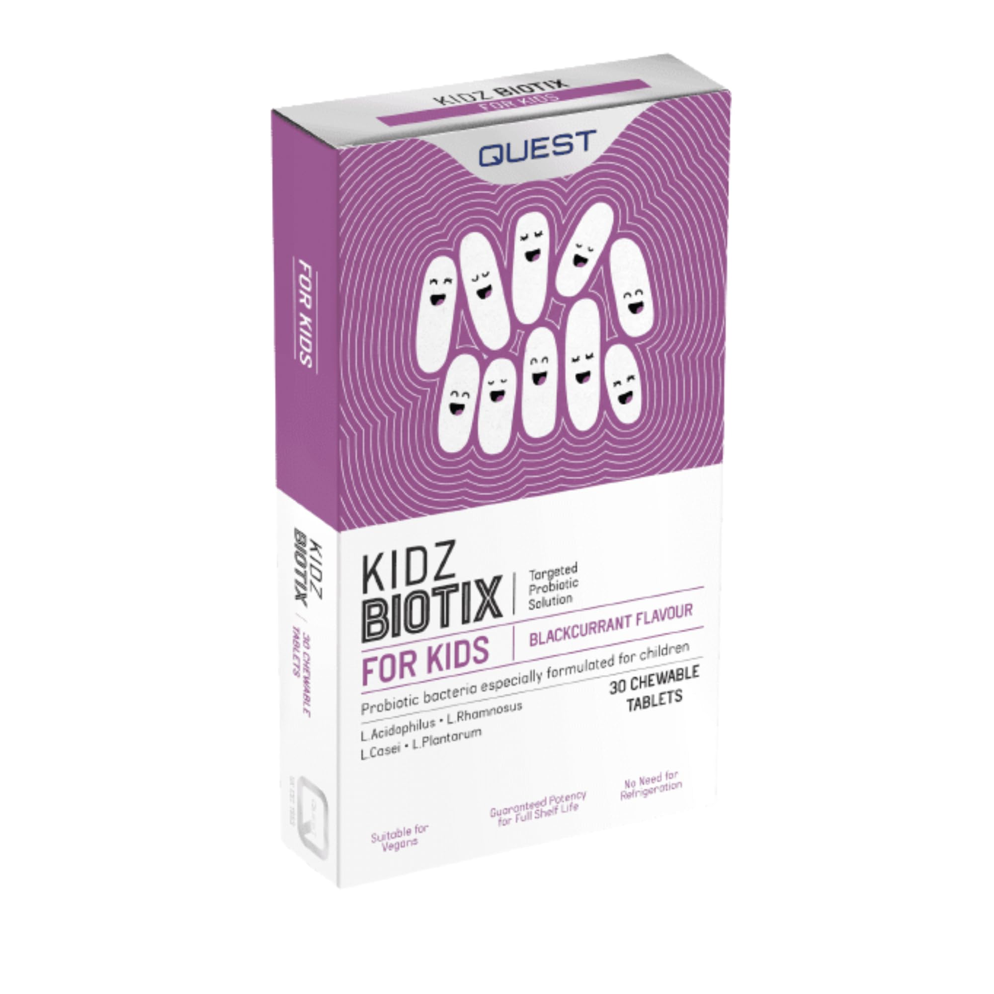 Quest Kidzbiotix Children's Blackcurrant Flavoured Probiotic Chewable Tablets for Gut, Digestive, Bowel and Immune Health. Multi Strain Complex with 2 Billion Live Bacteria Cultures (3 x 30 Capsules)