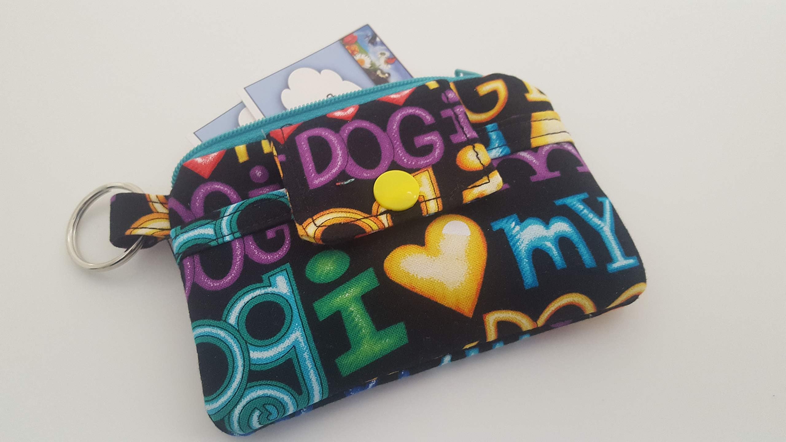 Zipper Mini Wallet Pouch Key Chain Fabric Card I Love My Dog