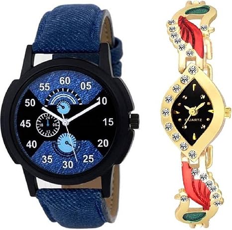 Analogue Blue Denim Belt Mens Watch & Gold-Stone Womens Watch Combo for Couples