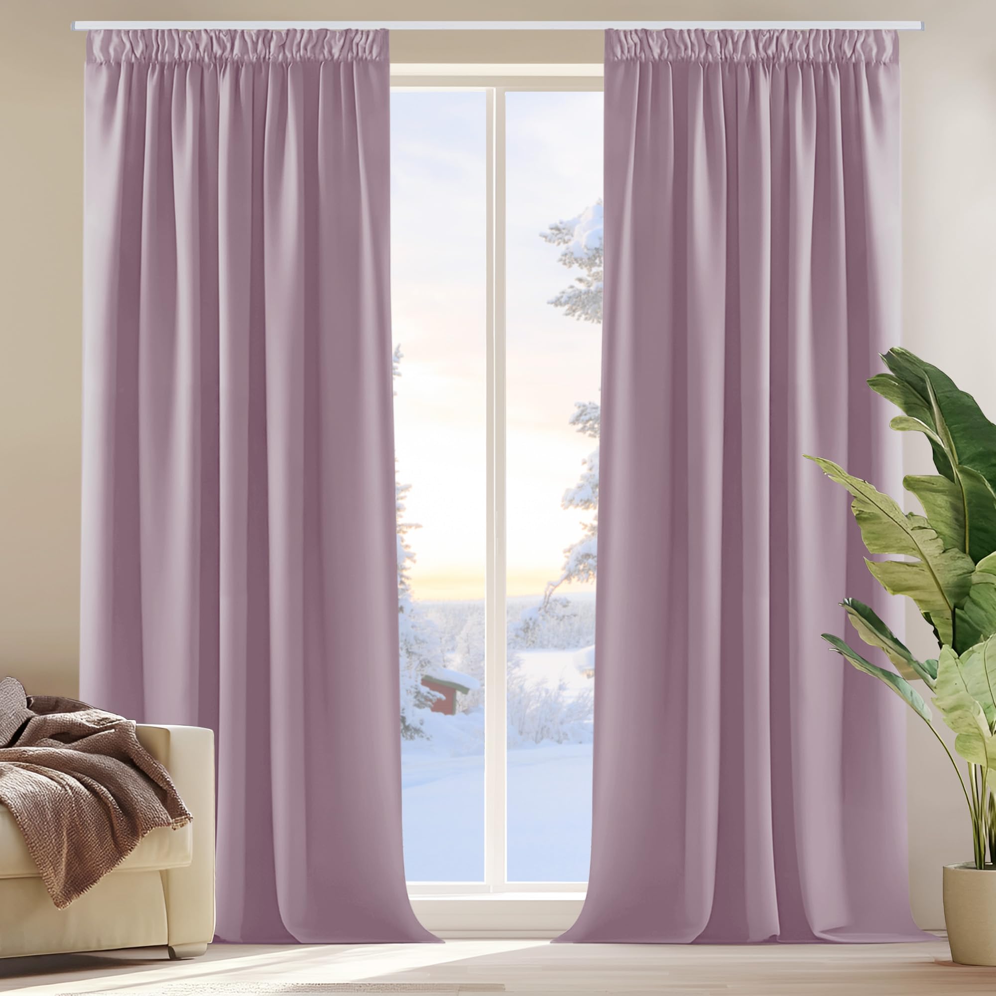 Deconovo Super Soft Solid Pencil Pleat Curtains Thermal Insulated Blackout Curtains for Girls Bedroom Pink Lavender W55 x L69 Inch 2 Panels