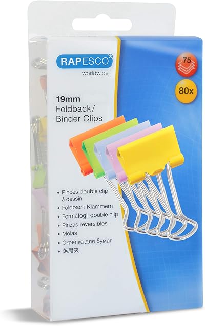 Rapesco 1492 19 mm Foldback Clips Assorted Colours Pack of 80