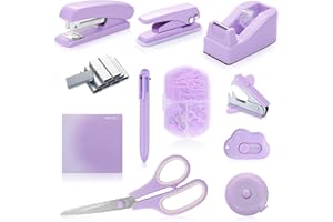 KOGCMEETL Purple Desk Accessory Kit Cute Office Supplies Set Desktop Stapler Set Includes Staple Remover Hole Punch Tape Dispenser Ballpoint Pen Scissor Mini Box Cutter Tape Measure Paper Clips Sticky Notes