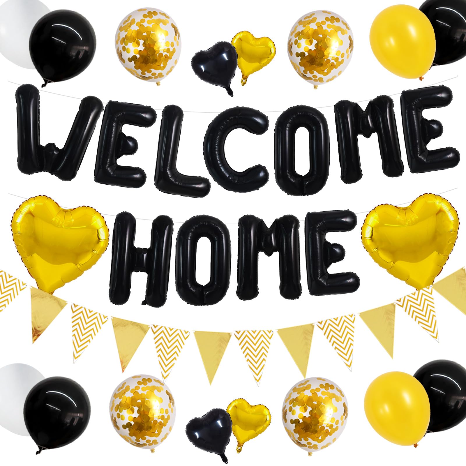 TONIFUL Welcome Home Decorations,16 Inch Black Welcome Home Foil Balloon Banner Black Gold Confetti Balloons Pennant Flag Bunting for Homecoming Party House Warming Party Family Gathering Supplies