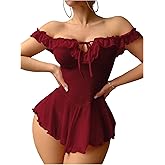 OYOANGLE Babydoll Lingerie for Women Off Shoulder Ruffle Sheer Chemise Mesh Nightgown and Thongs Sleepwear