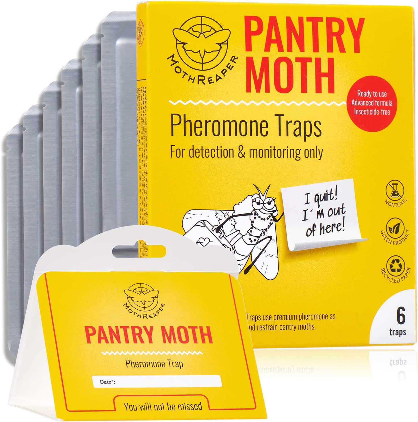 Pantry Moth Traps 6 Pack with Premium Pheromone Lure Attractant for Grain Moths, Flour Moths, Non-Toxic Insecticide-Free, Sticky Glue Trap for Food and Cupboard Moths in Your Kitchen, Pack of 6