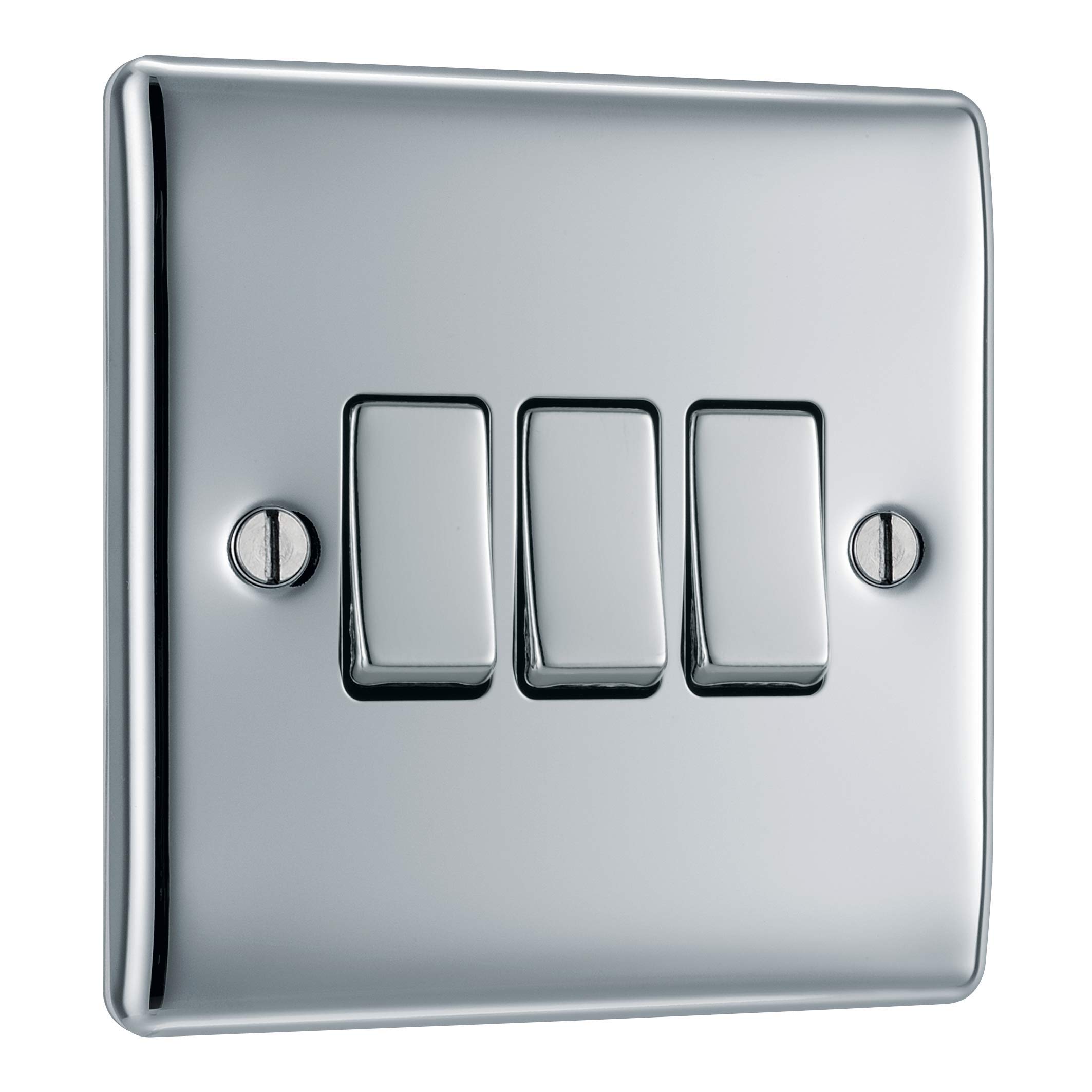 BG Electrical Triple Wall Light Switch, 2 Way, Raised and Slim Profile, Round Edges, Nexus Metal, Polished Chrome, 20A, 16AX, NPC43 — image 1