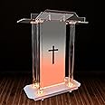 Church Pulpit with Hollow Cross Design,Led Acrylic Church Podium with Wheels& Vertical Reading Platform, 46”Transparent Lecterns for Churches,Classroom and Weeding