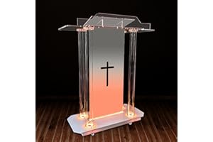 MECPRAMY Church Pulpit with Hollow Cross Design,Led Acrylic Church Podium with Wheels& Vertical Reading Platform, 46”Transparent Lecterns for Churches,Classroom and Weeding