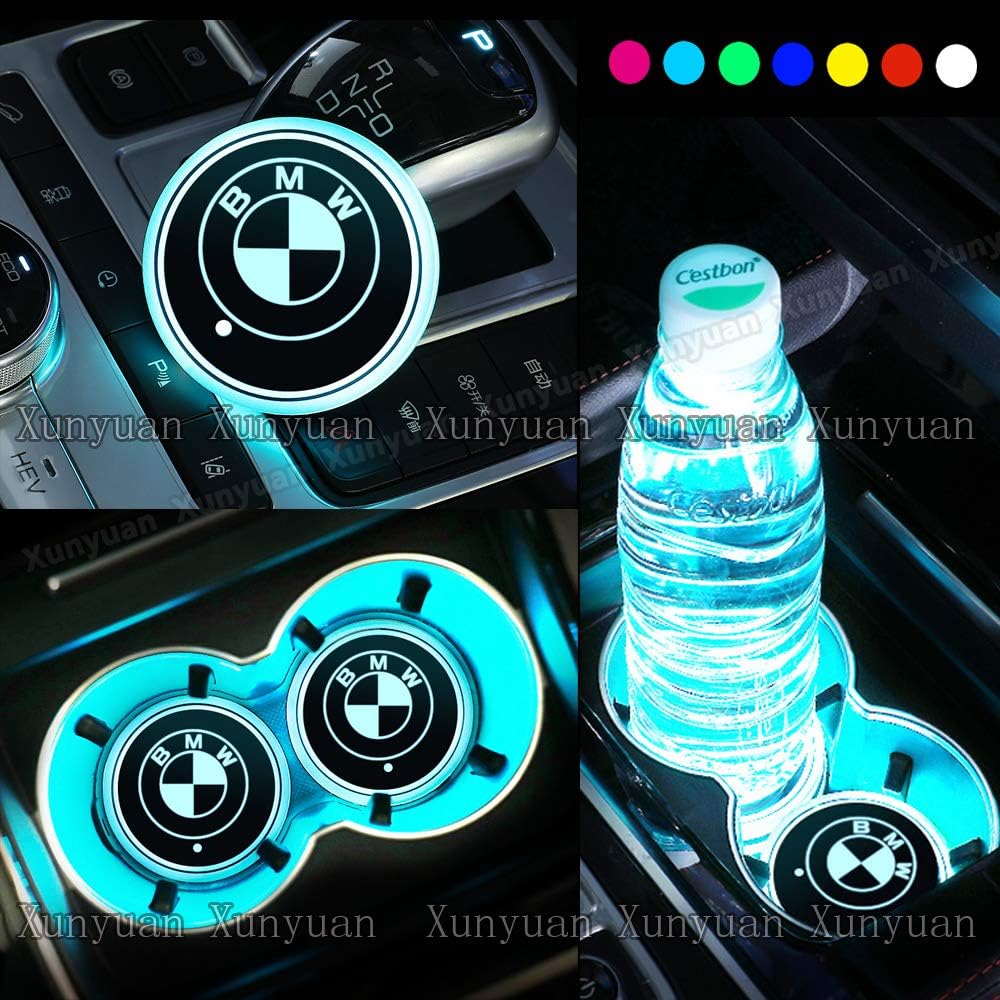 Xunyuan 2pcs LED Car Logo Cup Holder Lights Coaster USB Charging 7 Colors Changing Auto Luminescent Cup Pad LED Interior Atmosphere Lamp Decoration Lights Accessories (BM.W)