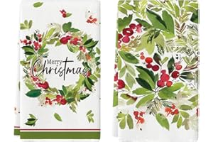 Rowjow Holly Berry Merry Christmas Kitchen Towels Dish Towels, 16x24 inch Leaves Wreath Winter Xmas Decorative Hand Towels fo