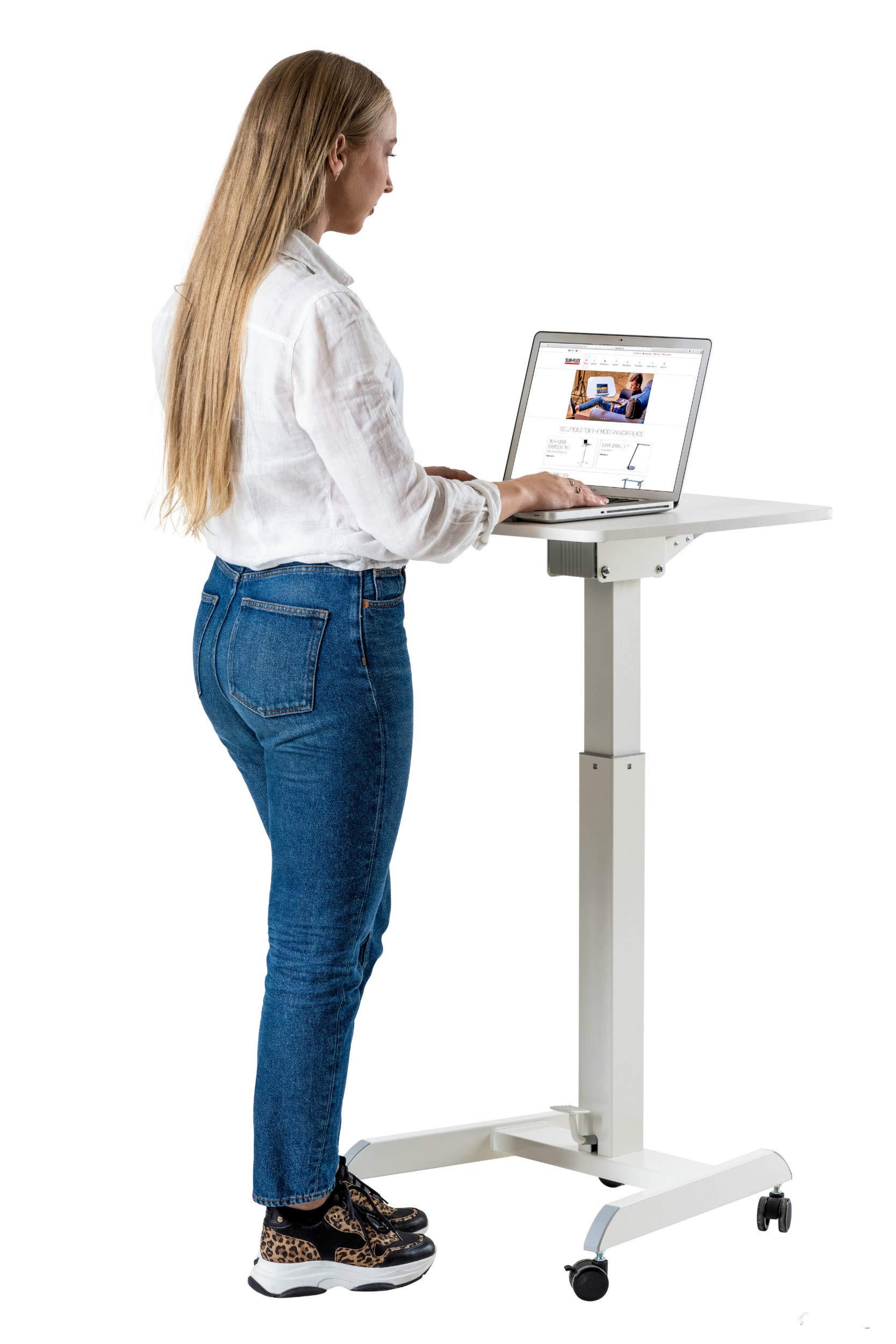 SUN-FLEX Pneumatic Gas Spring Foldable Foot Pedal Activated Height Adjustable Sit-Stand Mobile Laptop Computer Desk Rolling Notebook Table with Lockable Wheels (32.3" to 47" H), White