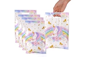 HAPPFESTIV 50 Pcs Unicorn Party Favor Bags with Handles - Plastic Treat Bags for Candy & Small Gifts, Bulk Supplies for Wedding Baby Shower Goodie Bags, Holiday Gift Bags for Thanksgiving Halloween Christmas New Years, Birthday Party Decorations