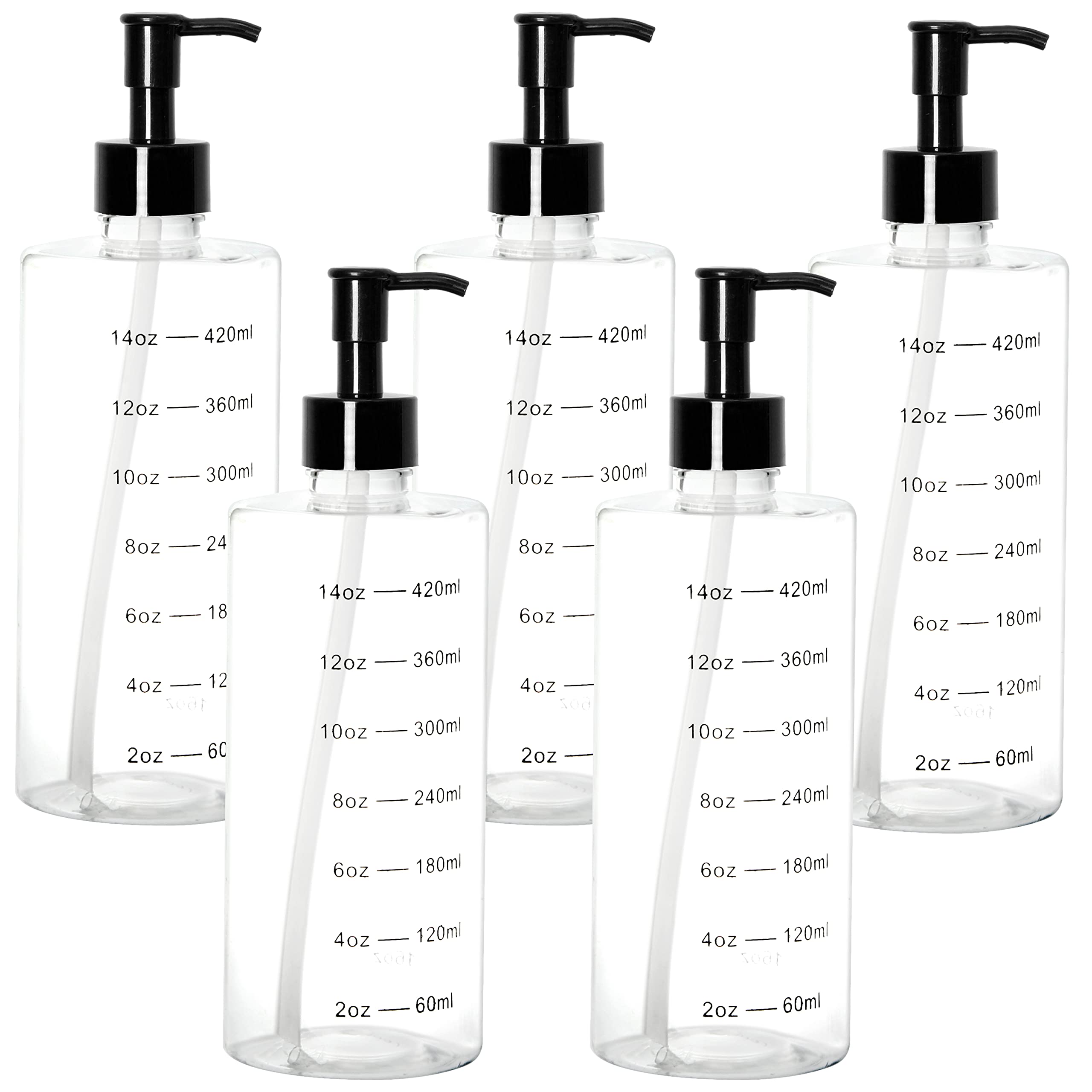 Youngever 5 Pack 500ML Plastic Pump Bottles, Clear Refillable Plastic Pump Bottles with Measurement and Travel Lock (Cylinder Shape)