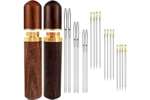 Fbshicung 32pcs Easy Threading Needles Set-24pc Self Threading Needles for Hand Sewing,6pcs Large-Eye Leather Stitching Needle and 2pcs Carving Pattern Wooden Needle Case for Storage Needles