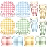 Polinook 96 Pcs Gingham Dessert Paper Plates And Napkins/Cup Set - 9 Inch 4 Color(Red/Blue/Green/Yellow) Round Disposable Paper Plate - Disposable Gingham Party Supplies - For Picnic Wedding Birthday