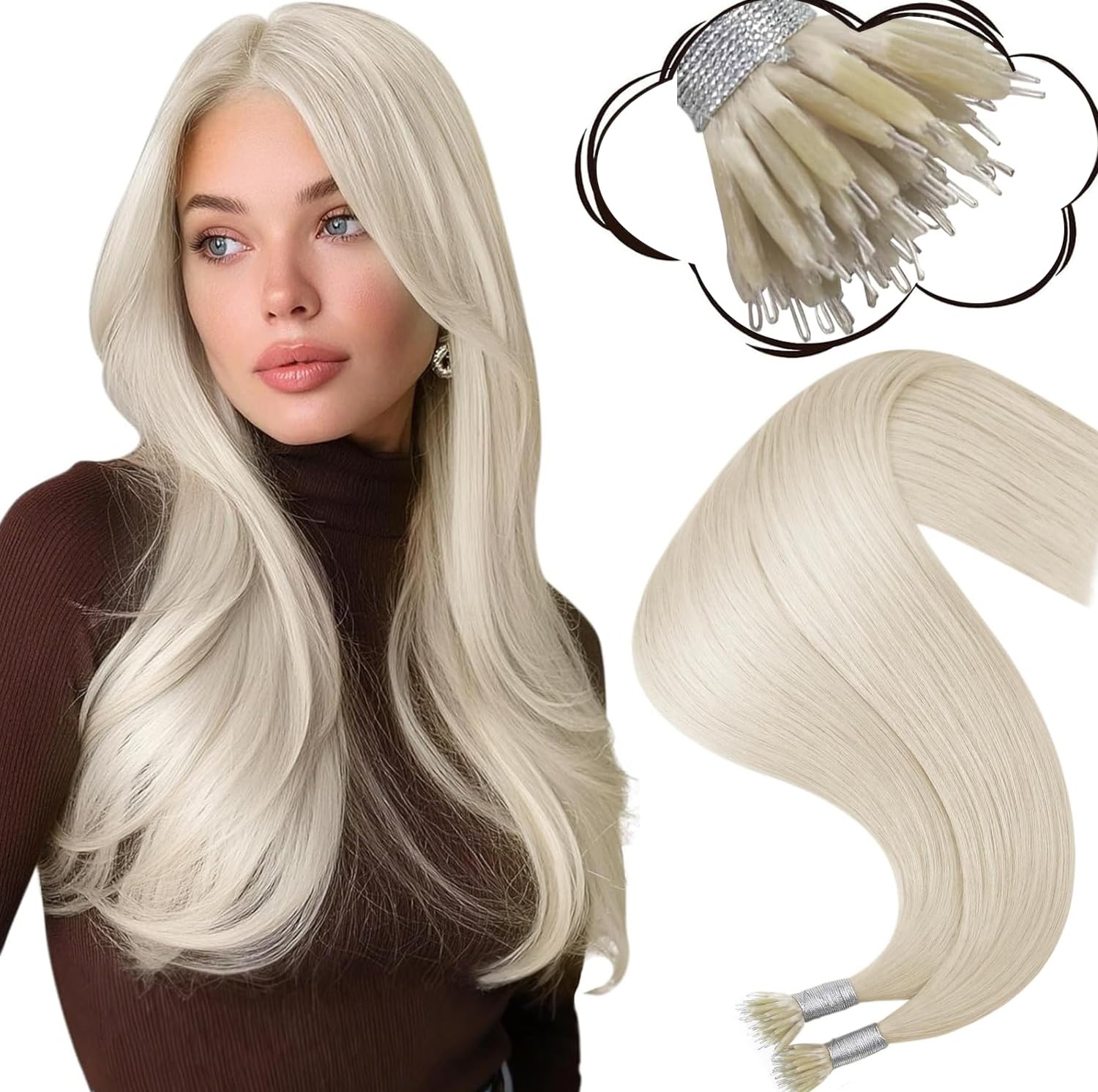 Moresoo Nano Hair Extensions Real Human Hair White Blonde Cold Fusion Nano Beads Human Hair Extensions Blonde 24 Inch 1g/s 50g/Pack #60A — image 1