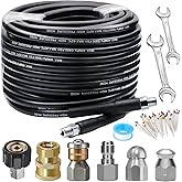 Sewer Jetter Kit 100FT for Pressure Washer, 5800PSI Drain Cleaner Hose 1/4 Inch NPT Corner Rotating and Button Nose Sewer Jetting Nozzle Spanner Waterproof Tape Pearl Corsage Pin