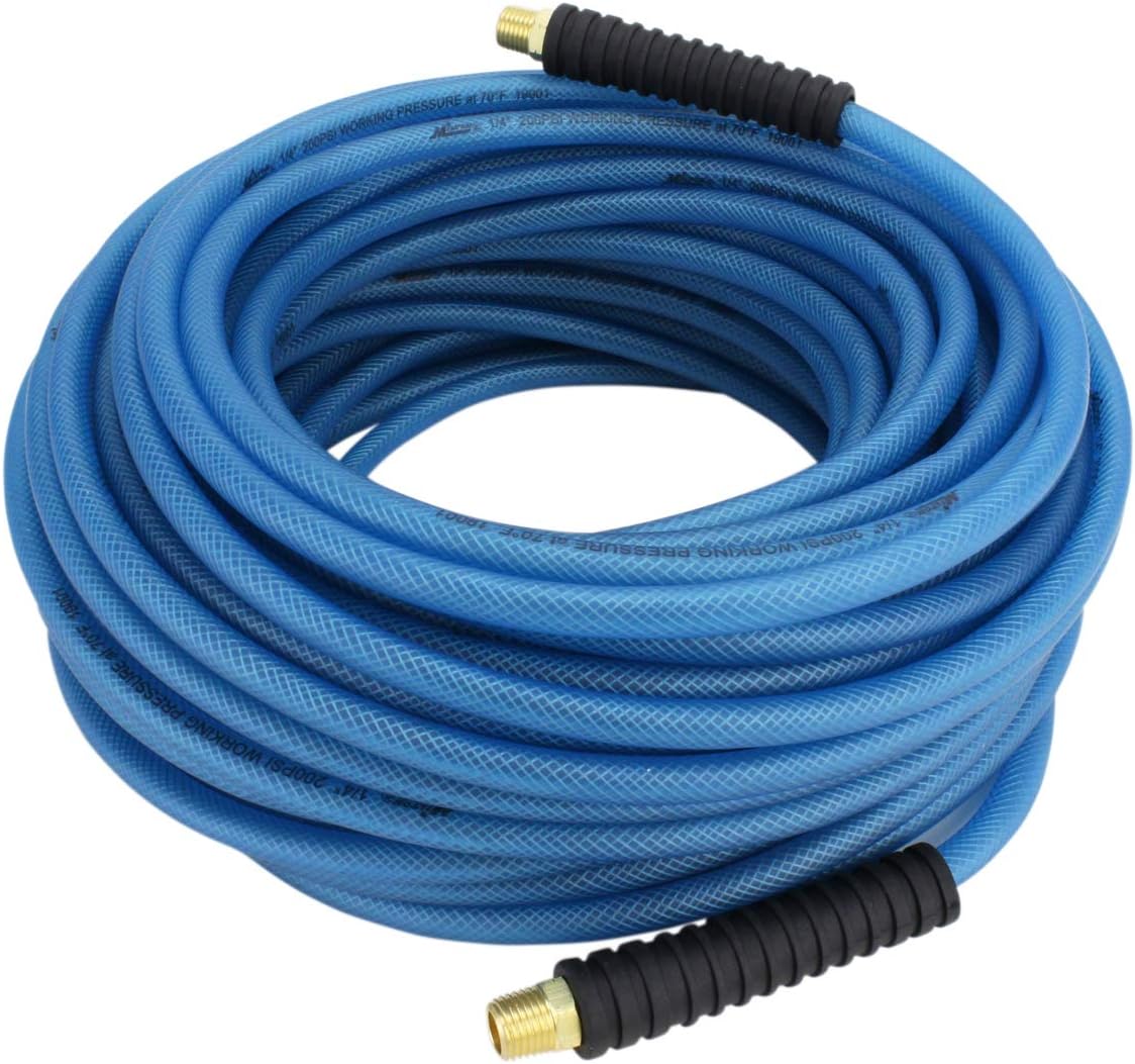 Milton (1623-3) FLEX HOSE Reinforced Polyurethane Air Hose 100 ft. x 1/4” ID, 200 PSI, Lightweight Hybrid Air Compressor Hose w/ ¼” MNPT brass fitting, Cold Weather Flexible, Bend Restrictor – Blue: Automotive