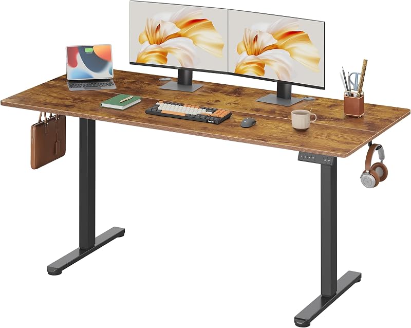 Bureau Assis-Debout Électrique 160 x 70cm, Moteur Silencieux avec 3 Mémoires, Table Ergonomique pour Télétravail et Bureau, Marron