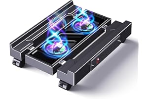 Hovadova Computer Tower Stand with Charging Station, Cooler Fan and Light, Adjustable PC Stand for Floor, Mobile CPU Stand with 4 Caster Wheels, Under Desk CPU Holder Fits Most PC Tower