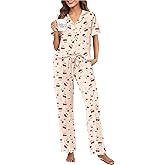 Ekouaer Pajamas for Women Set Button Up Sleepswear 2 Piece Short Sleeve PJ Top and Long Pants Loungwear With Pocket S-XXL