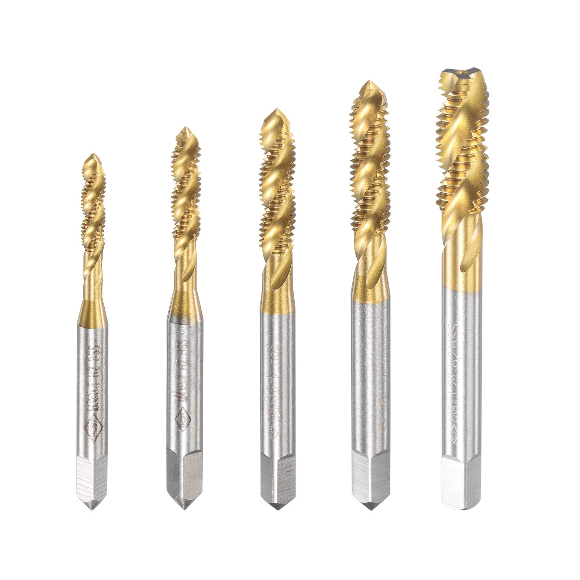 sourcing map M3 M4 M5 M6 M8 Spiral Flute Taps Set Titanium Coated High-Speed Steel Machine Thread Metric Screw Taps 5pcs