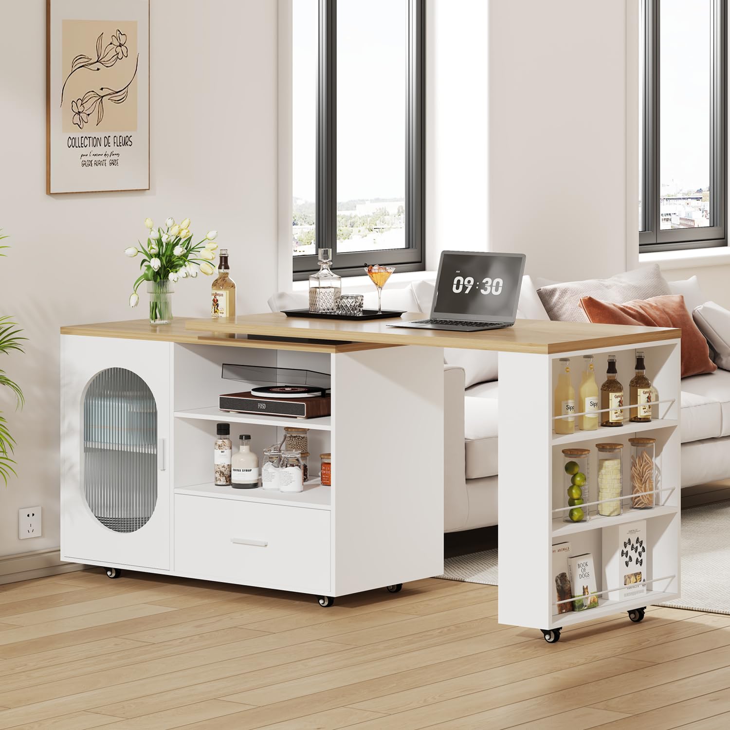 IBF Kücheninsel Freistehend mit Arbeitsplatte Auf 7 Rollen Küchenschrank Küchenwagen Moderne Mobile Kücheninsel Mit 360 Grad Drehbarer Holzplatte und Schublade Für Esszimmer Weiß 184 cm 8