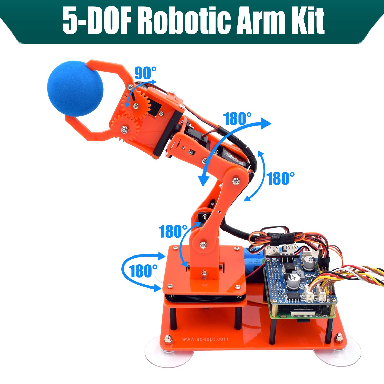 Adeept 5-DOF Robotic Arm Kit Compatible with Raspberry Pi 4 B 3 B+ B A+, Programmable DIY Coding STEM Educational 5 Axis Robot Arm with Python Code and Tutorials(PDF) - Orange
