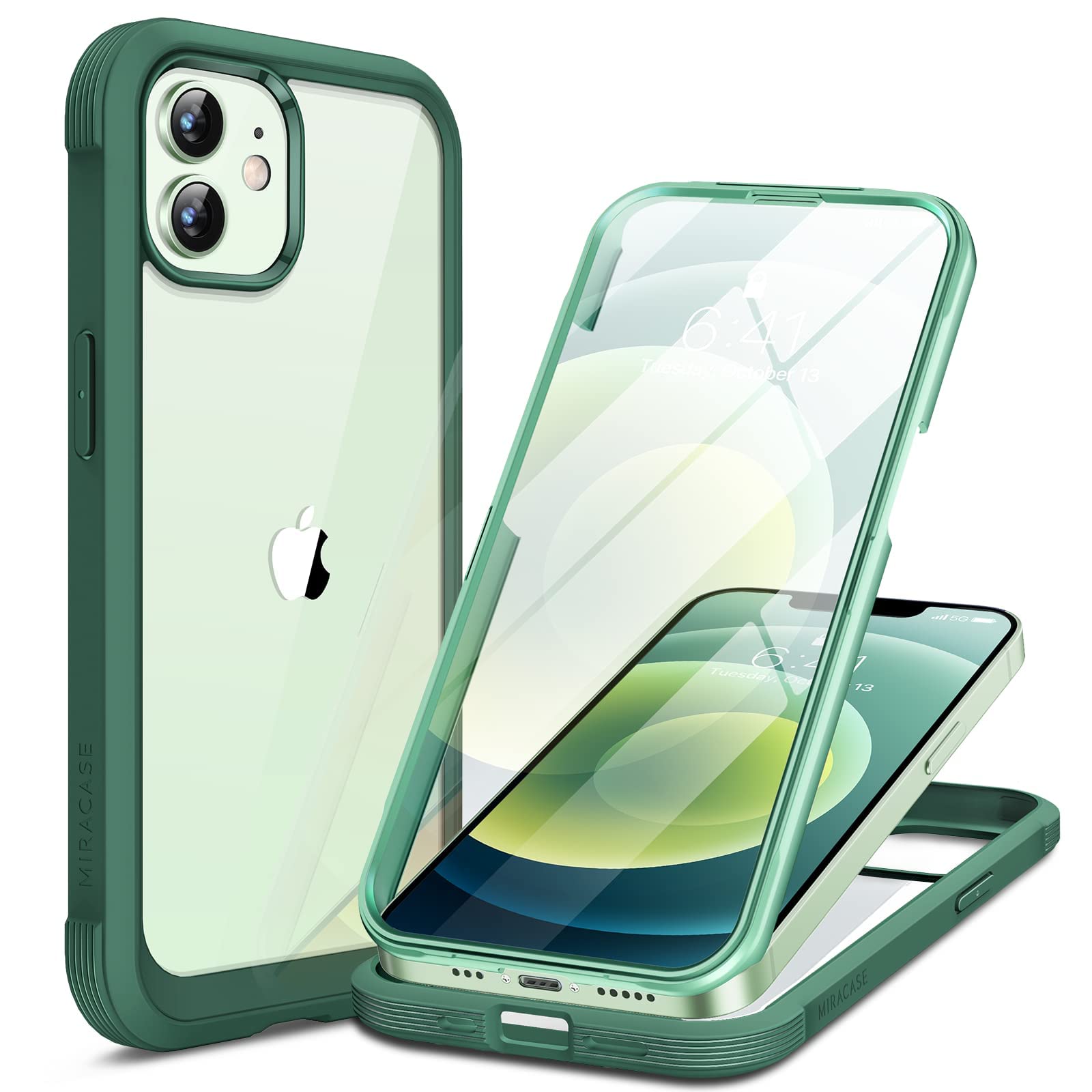 Miracase Compatible with iPhone 12/12 Pro Case 6.1 inch, [Built-in Glass Screen Protector] Full Body Rubber Bumper Case Cover (Dark Green) — image 1