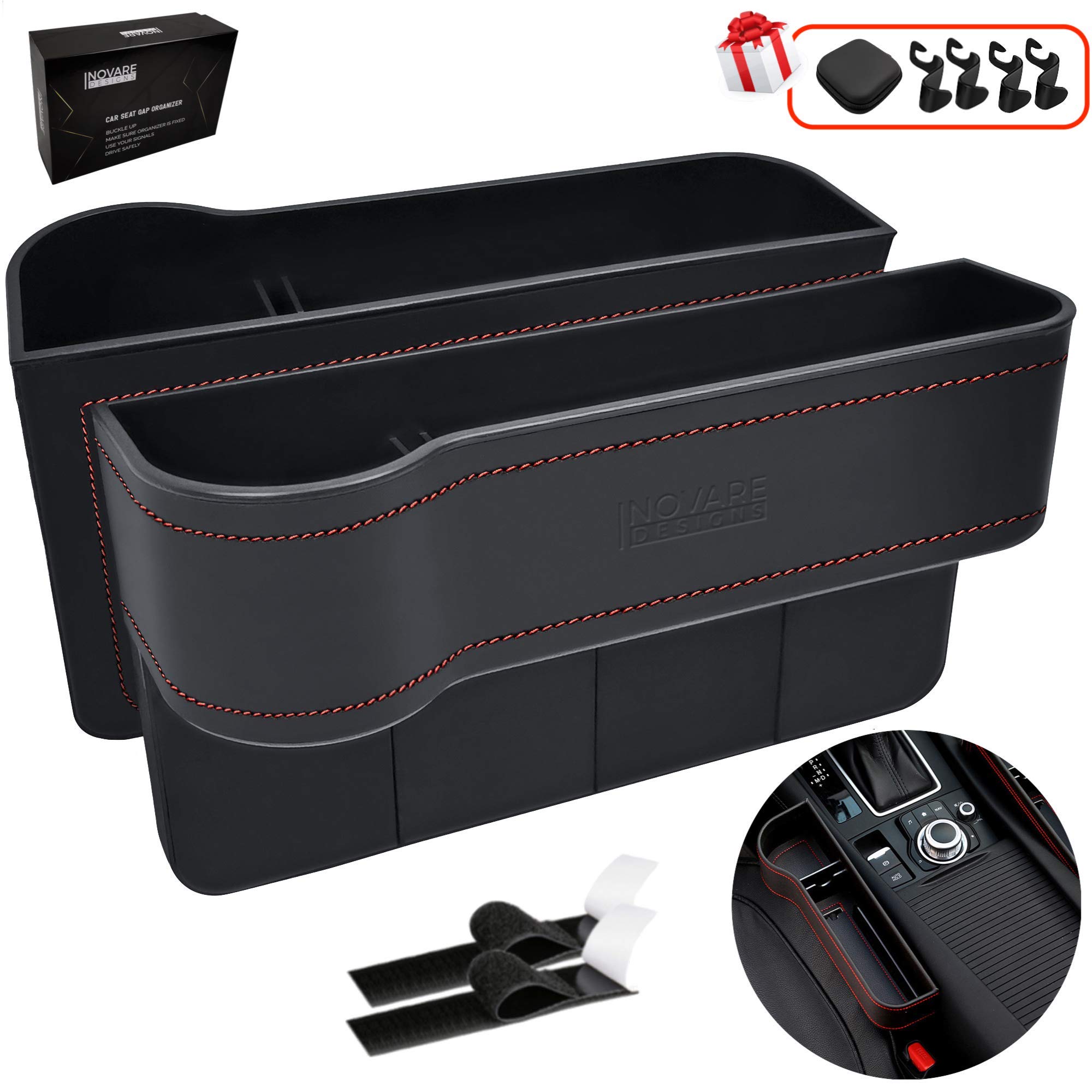 Black Premium Leather with Red Stitching Car Seat Gap Filler with Cup Holder 2 pack - Car Seat Gap Organizer with Cup Holder - Car Seat Pockets Catch Caddy, Car Accessories Interior, Coin Bag
