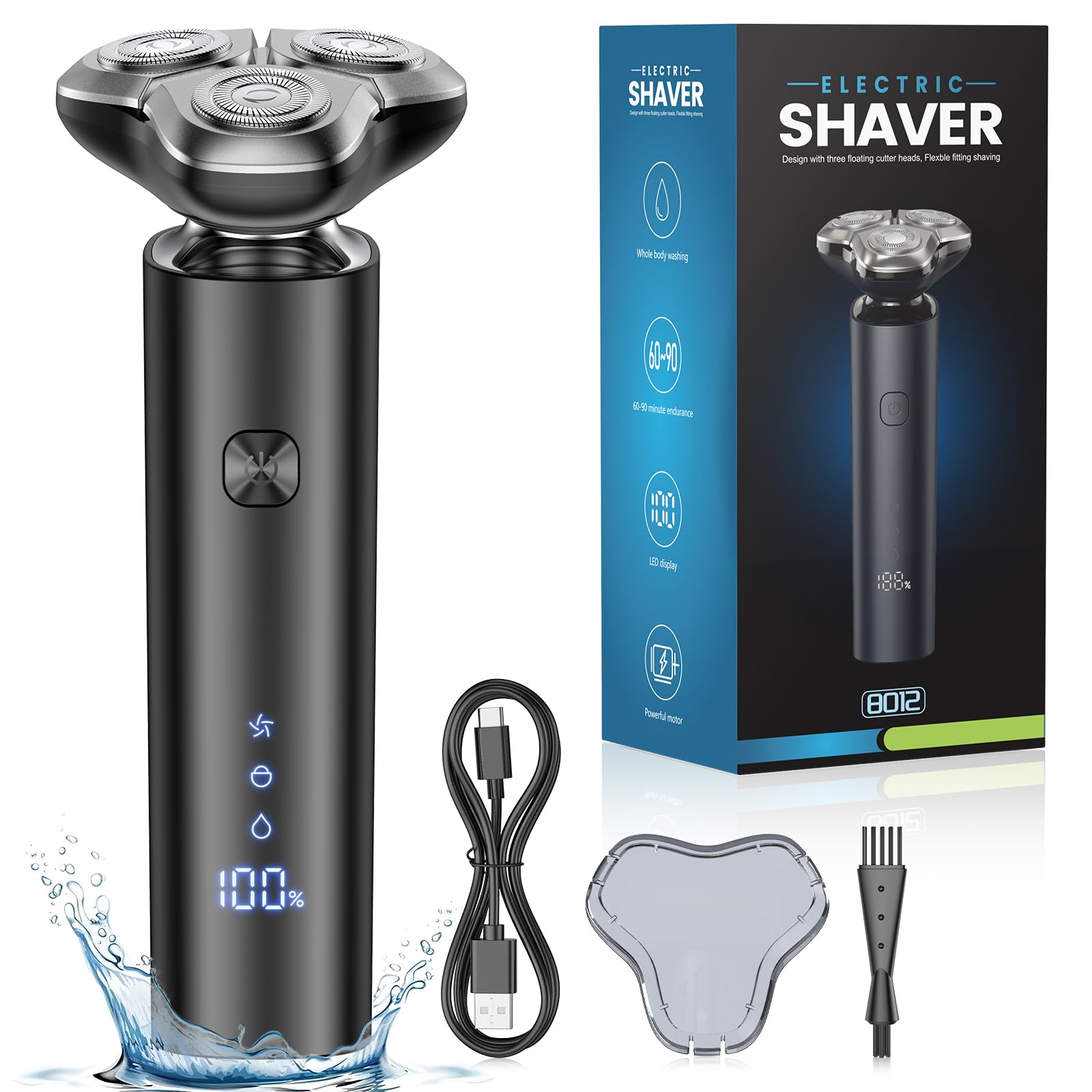 Photo 1 of Electric Razor for Men, Men's Electric Shaver, 3-Blade Rotary Shaving System, Touch Switch, Type-C Fast Charging, LED Display, Travel Lock, 90+ Minutes Run Time