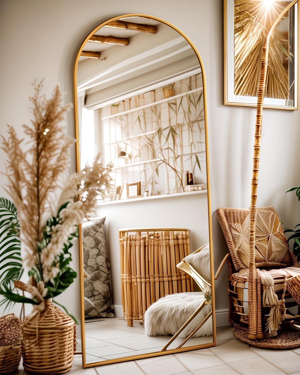 Photo 1 of Antok Full Length Mirror, 58"x19" Floor Mirror, Arched Floor Standing Freestanding Arch Full Body Mirrors with Stand for Bedroom, Hanging Mounted for Living Room Cloakroom,Gold