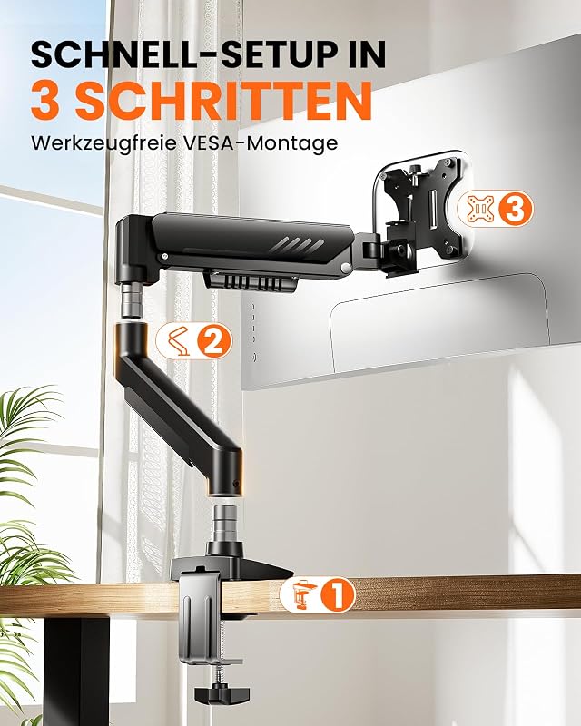 Monitor Halterung für 13-34 Zoll Bildschirme [Upgraded - Schluss mit Absacken] Monitor Arm Werkzeuglose Schnellmontage bis 9kg, Monitorhalterung mit Kabelmanagement, VESA 75 & 100 mm