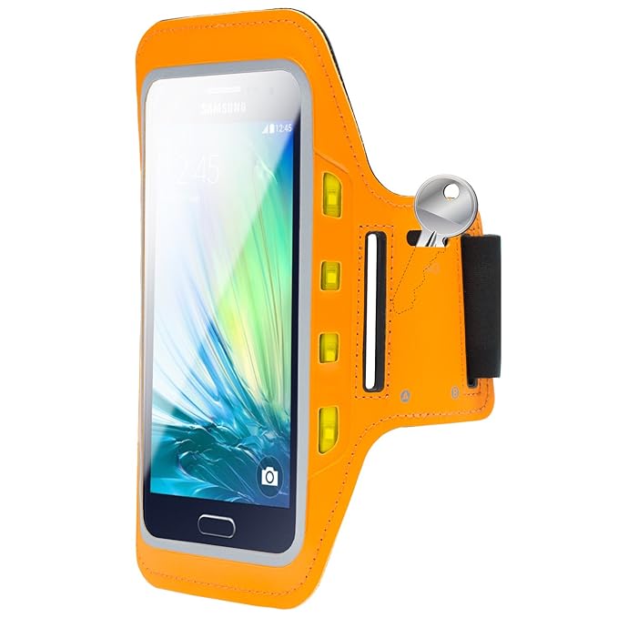mobilefox® Handytasche Sport Armband mit LED-Licht & Schlüsselfach Sweatproof für 5,0 Zoll Samsung Galaxy A5 Orange - Joggen 