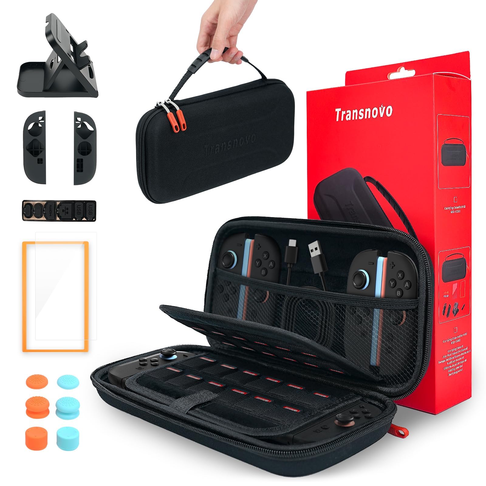 TRANSNOVO Carrying Case for Nintendo Switch 2 2025 - All in One Switch 2 Travel Case with 24 Game Card Slots and Bundle Accessories Screen Protector, 6 Thumb Grip, Stand, Joycon Cover, 6 Dust-Stopper