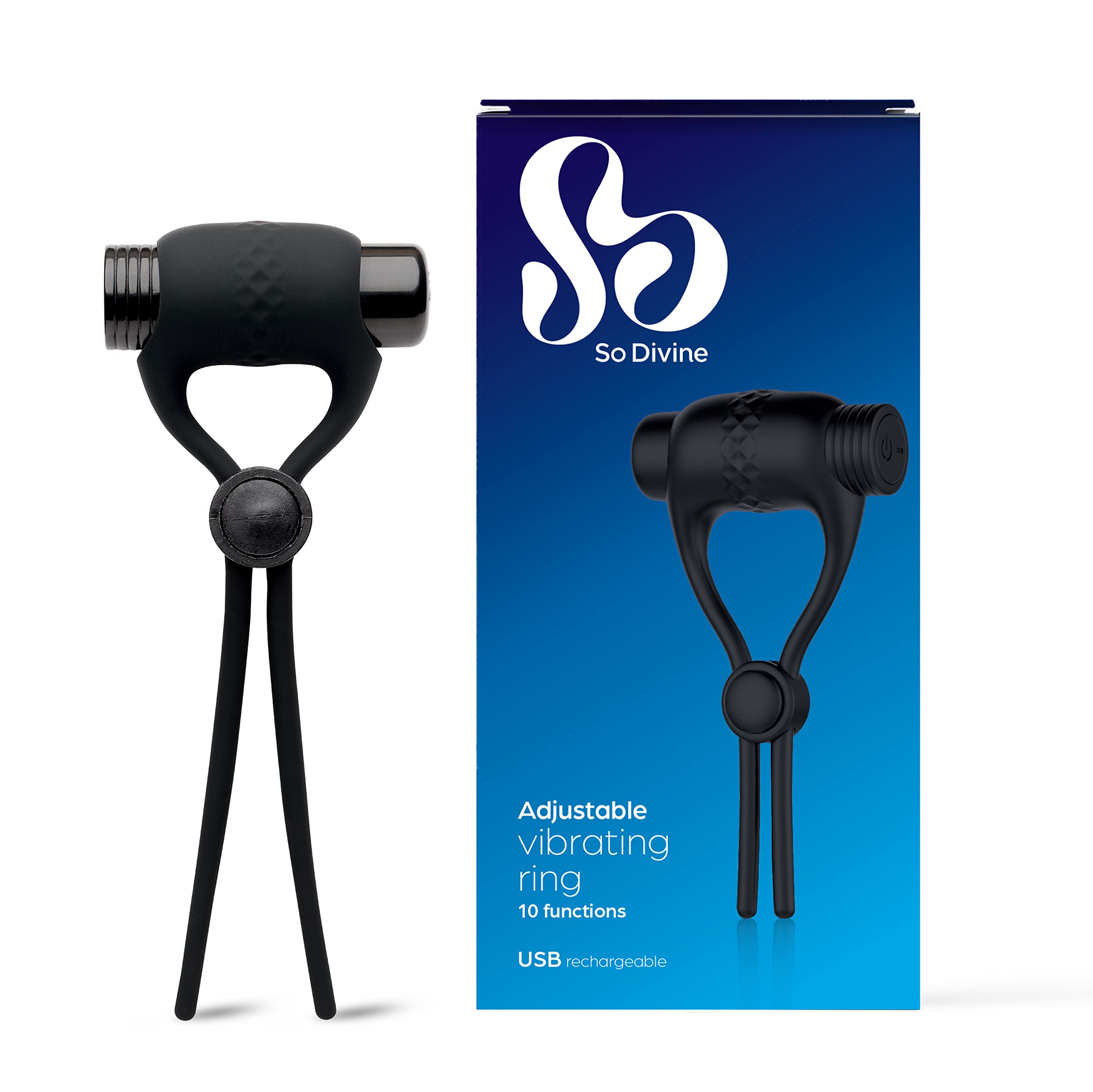 So Divine Men Rechargeable Adjustable Vibrating Penis Ring, Black, 1 Count