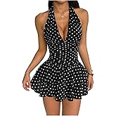 OYOANGLE Women's Polka Dots A Line Mini Halter Top Dress Backless Ruched Layered Ruffle Dresses