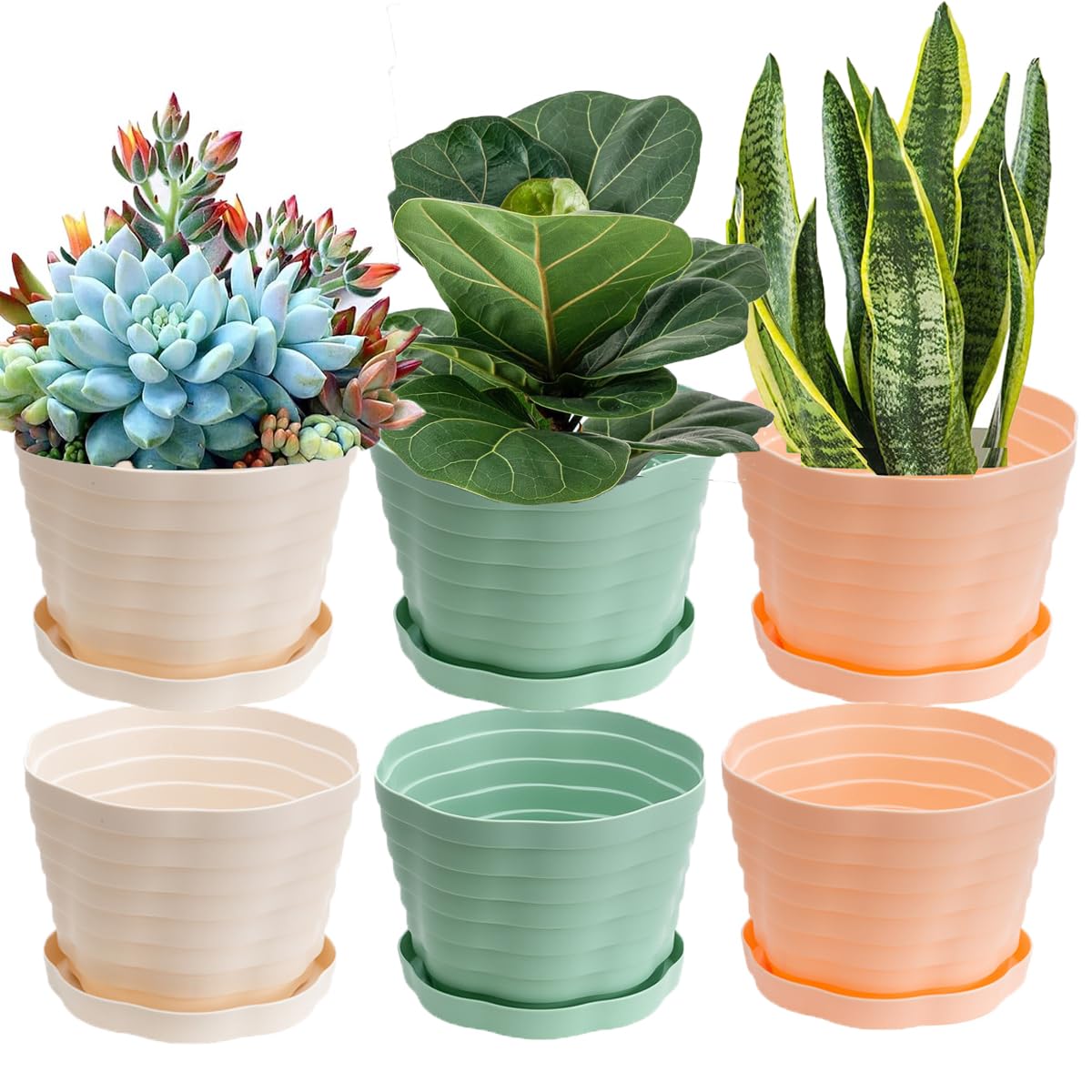 BSTMOME 6 Packs Colorful Plastic Flower Pots, Plant Holder Nordic Style Garden Pots Plant Containers with Base Bracket for Succulents, Flowers, Herbs, Cactus Indoor/Outdoor Décor (Large - 15.5x11.5cm)