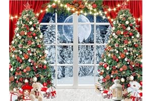 CHAIYA 7X5FT Christmas Backdrop Red Window Background Winter Snow Xmas Tree Gift Christmas Family Party Background