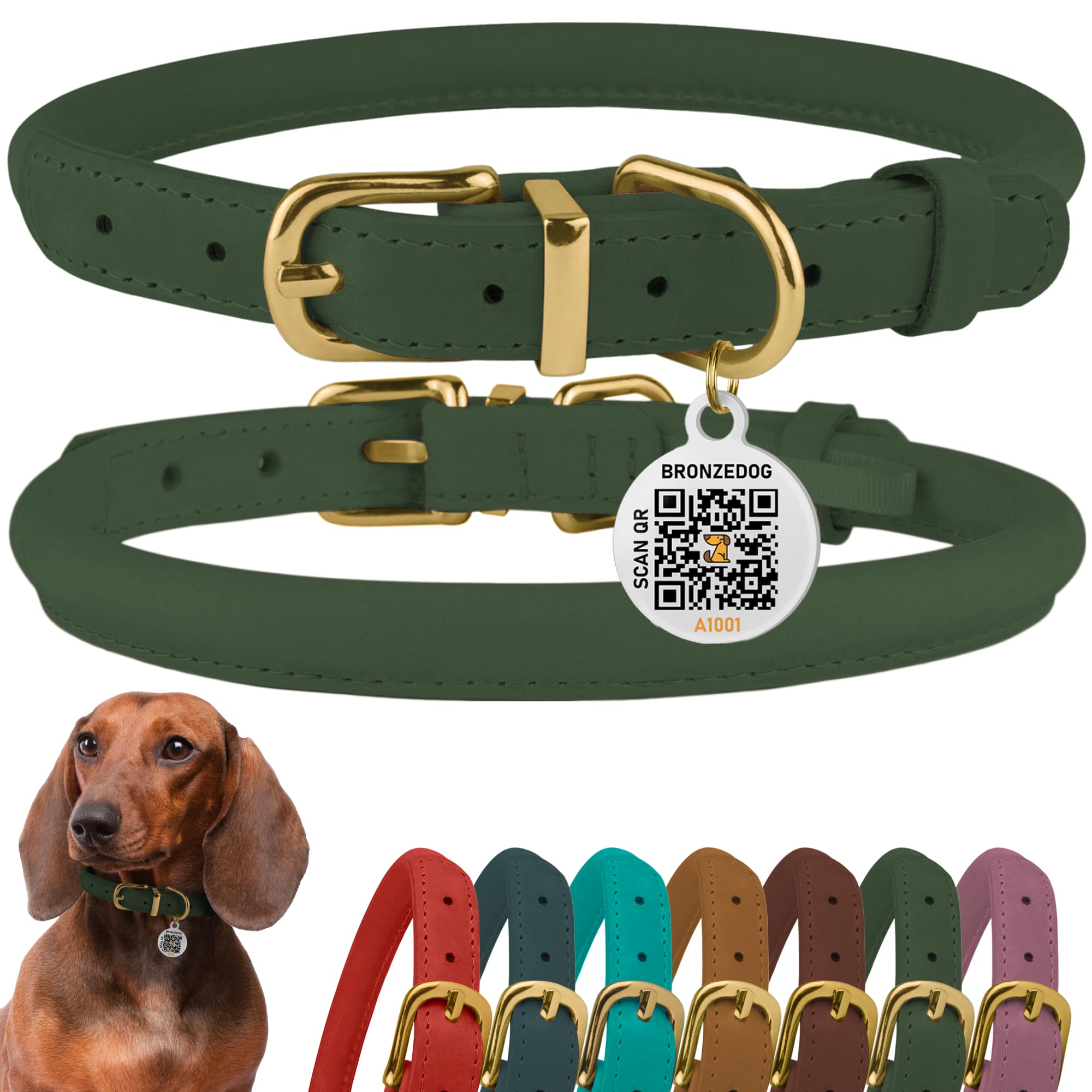 BRONZEDOG Rolled Leather Dog Collar with QR ID Tag Adjustable Soft Round Collars for Small Medium Large Dogs Puppy Cat (Emerald Green, 18-25 cm)