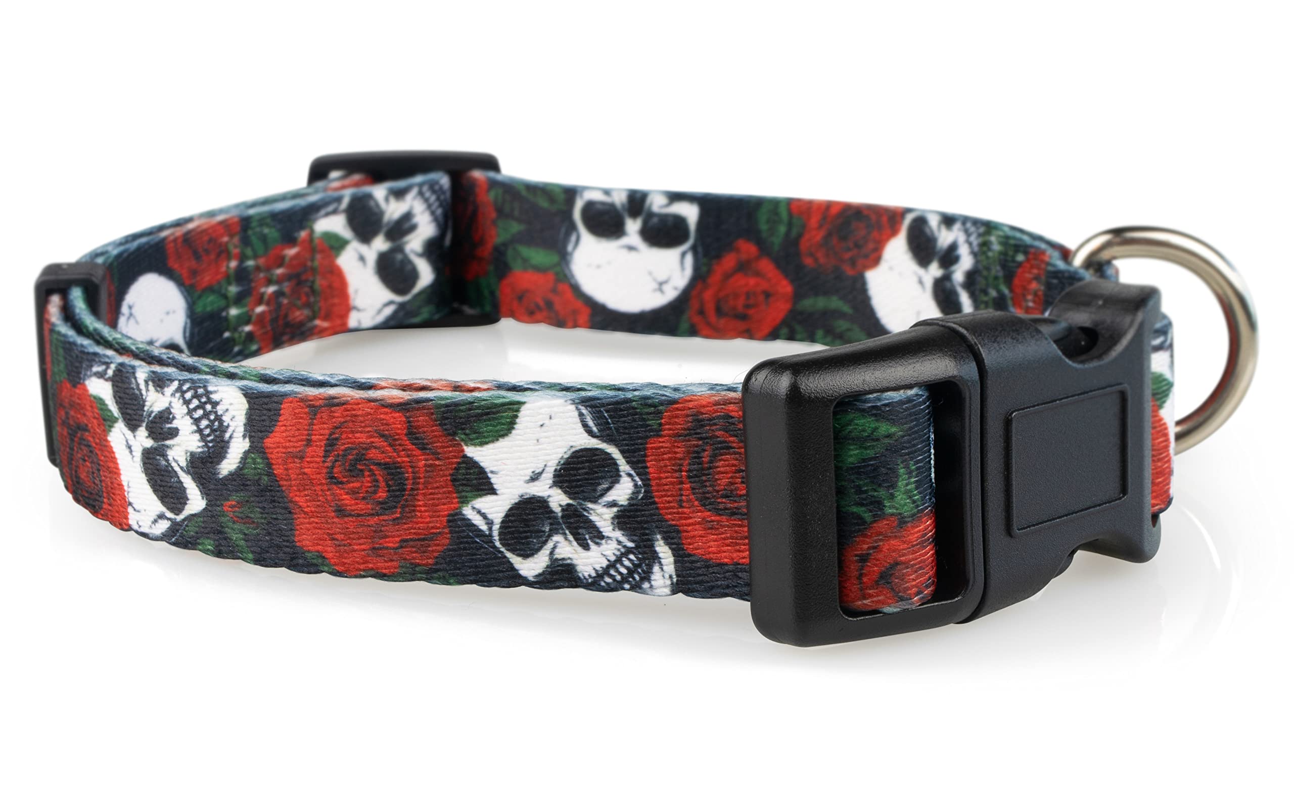 Photo 1 of Limeloot Skulls and Roses Dog Collar for Medium Dogs, Boy or Girl Dog Collar with Flowers and Skulls, Medium