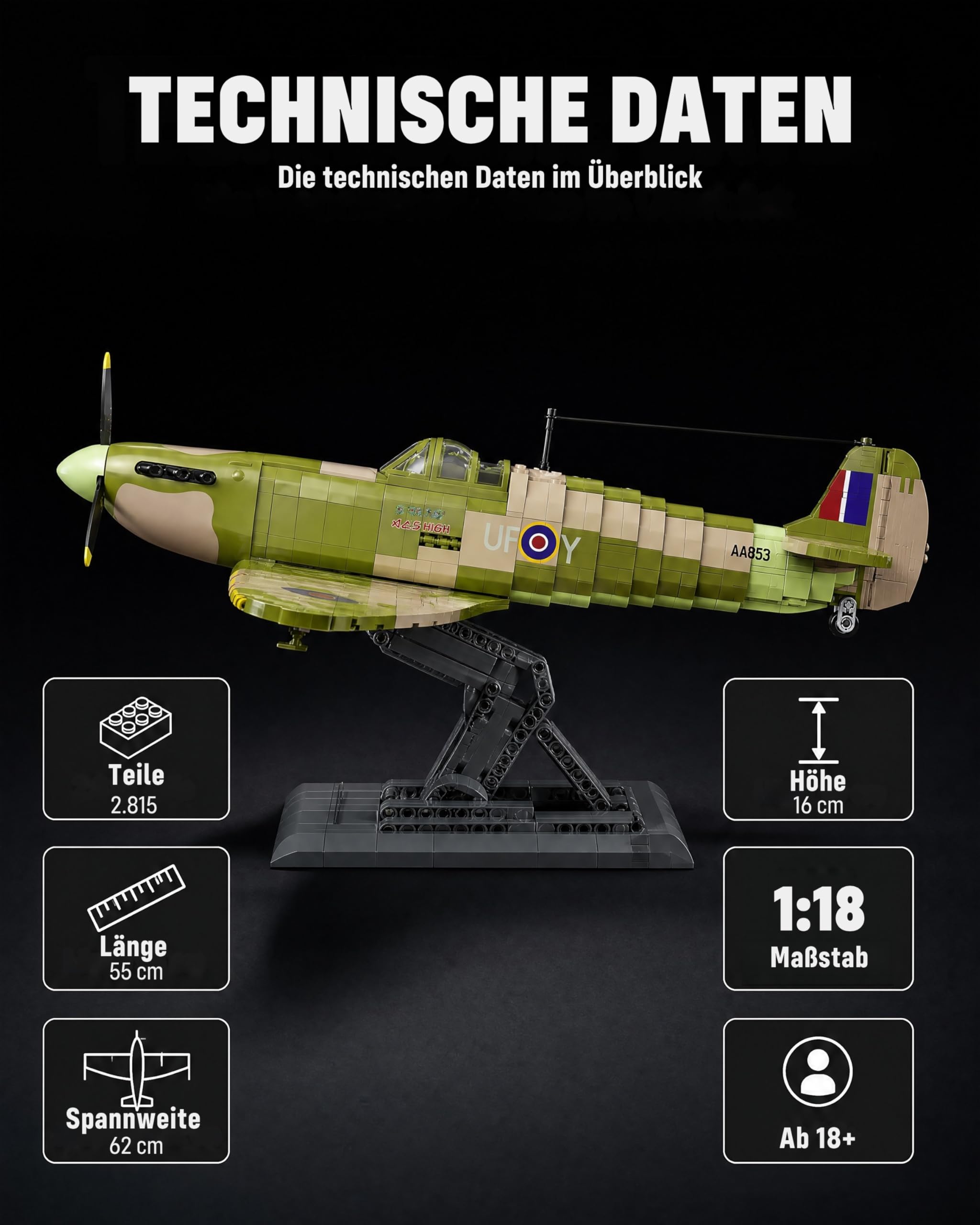 Revell Brick System Iron Maiden Spitfire MK.II Aces High | Klemmbaustein Set 1:18 mit 2802 Teilen | mit Eddie Pilot Figur, beweglichem Propeller & Cockpit | ab 18 Jahren 7