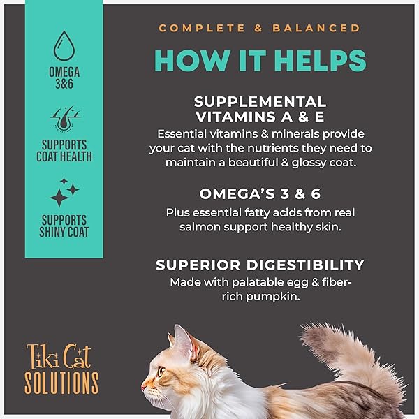 TIKI CAT SOLUTIONS MOUSSE SKIN & COAT MOUSSE, SALMON RECIPE, SPECIALLY FORMULATED WITH OMEGA FATTY ACIDS, FUNCTIONAL WET CAT FOOD FOR ADULT CATS, 2.4 OZ. POUCH (12 COUNT)